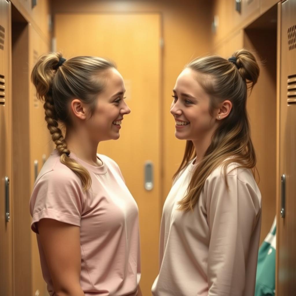 Two young women with light brown hair styled in ponytails, standing close together and facing the camera in a cozy locker room setting