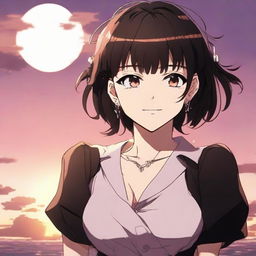 Anime-styled girl inspired by Jujutsu Kaisen. She has dark brown hair, hazel eyes, and is wearing a black mini dress. She is standing and smiling against a beautiful sunset.