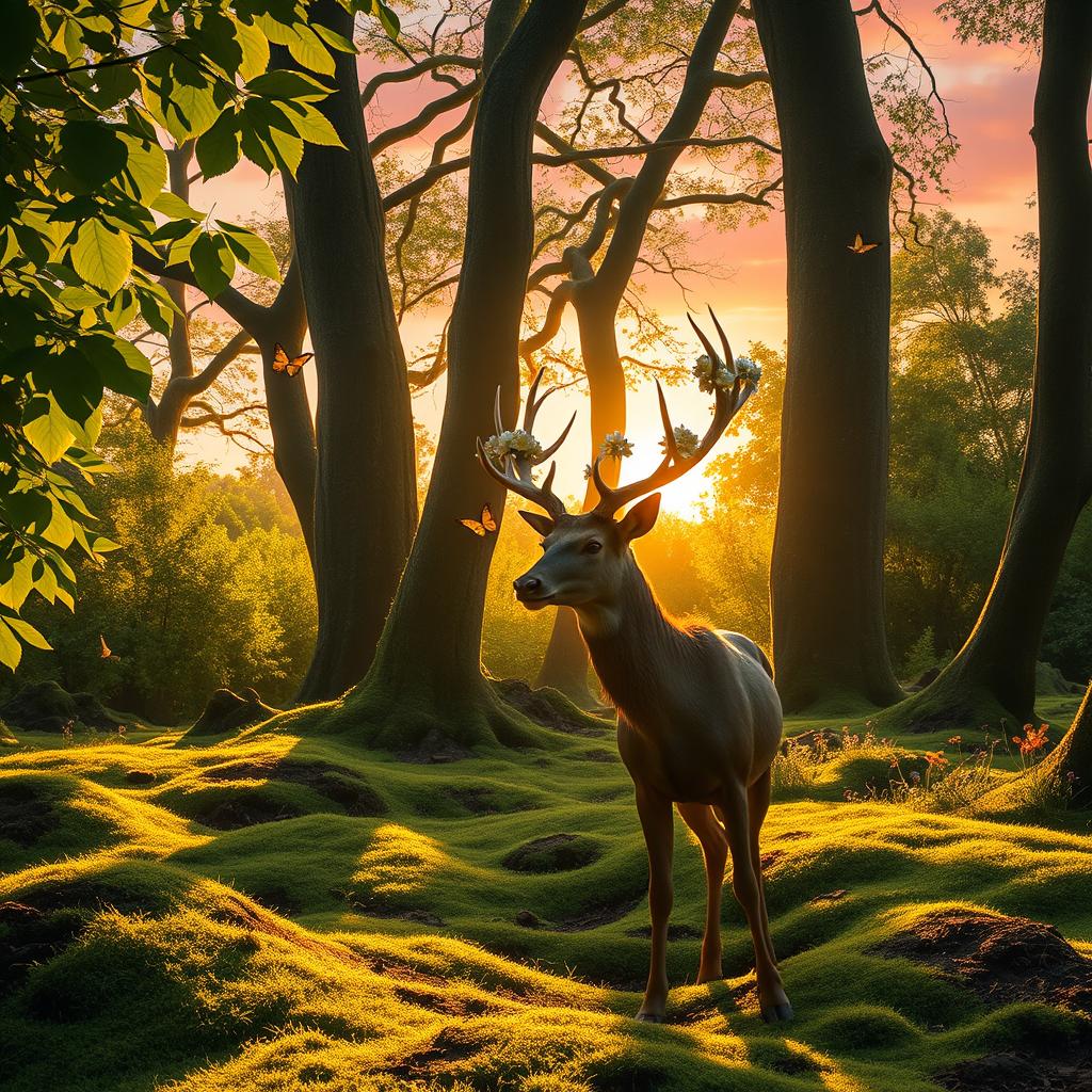An enchanting forest scene during the golden hour, with sun rays filtering through the lush green leaves, casting playful shadows on the soft, moss-covered ground