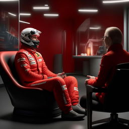 A realistic image of an unidentified F1 driver dressed in a red racing suit, seated in an inviting environment for a therapy session, engaged in a conversation with a therapist or meditating.