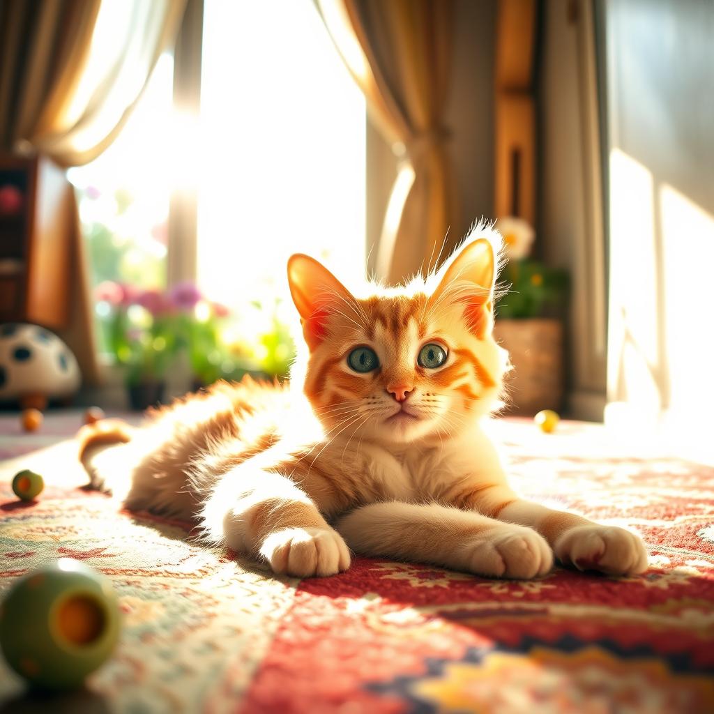 A cute and playful cat lounging in a sunbeam, with soft fur that shines in the golden sunlight