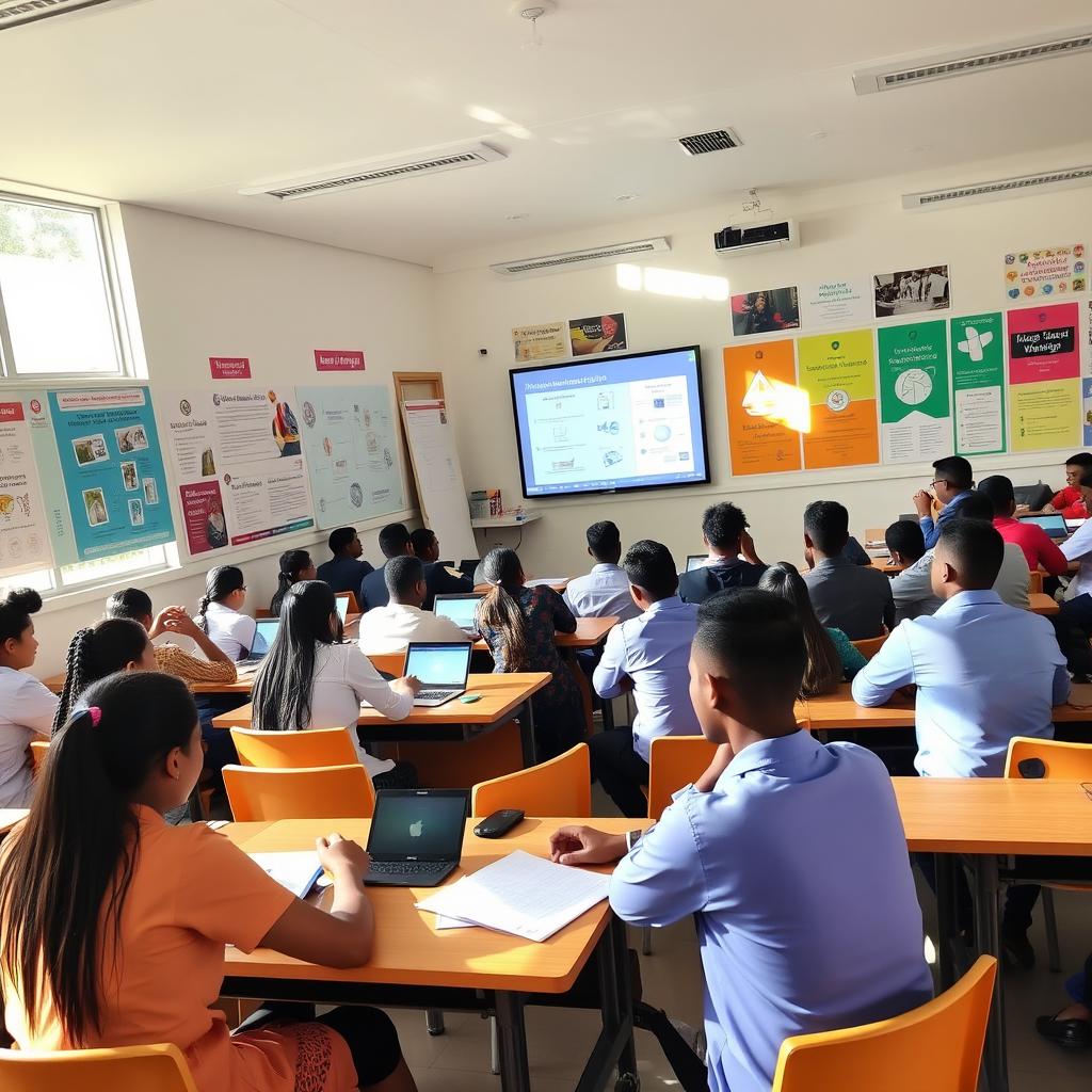 A vibrant classroom scene at IVY Global Campus, filled with students engaging in Business Studies and ICT
