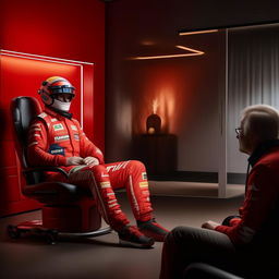 A realistic image of an unidentified F1 driver dressed in a red racing suit, seated in an inviting environment for a therapy session, engaged in a conversation with a therapist or meditating.