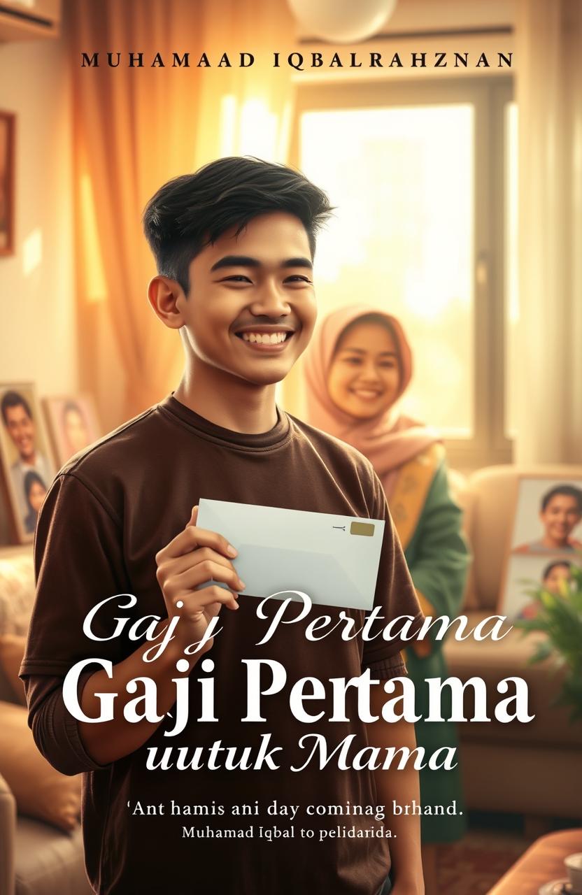 A novel cover for "Gaji Pertama untuk Mama", depicting a heartfelt scene of a young man, Muhamad Iqbal Raharja, smiling with warmth and emotion
