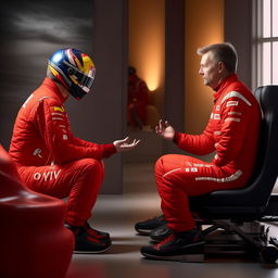 A realistic image of an unidentified F1 driver dressed in a red racing suit, seated in an inviting environment for a therapy session, engaged in a conversation with a therapist or meditating.