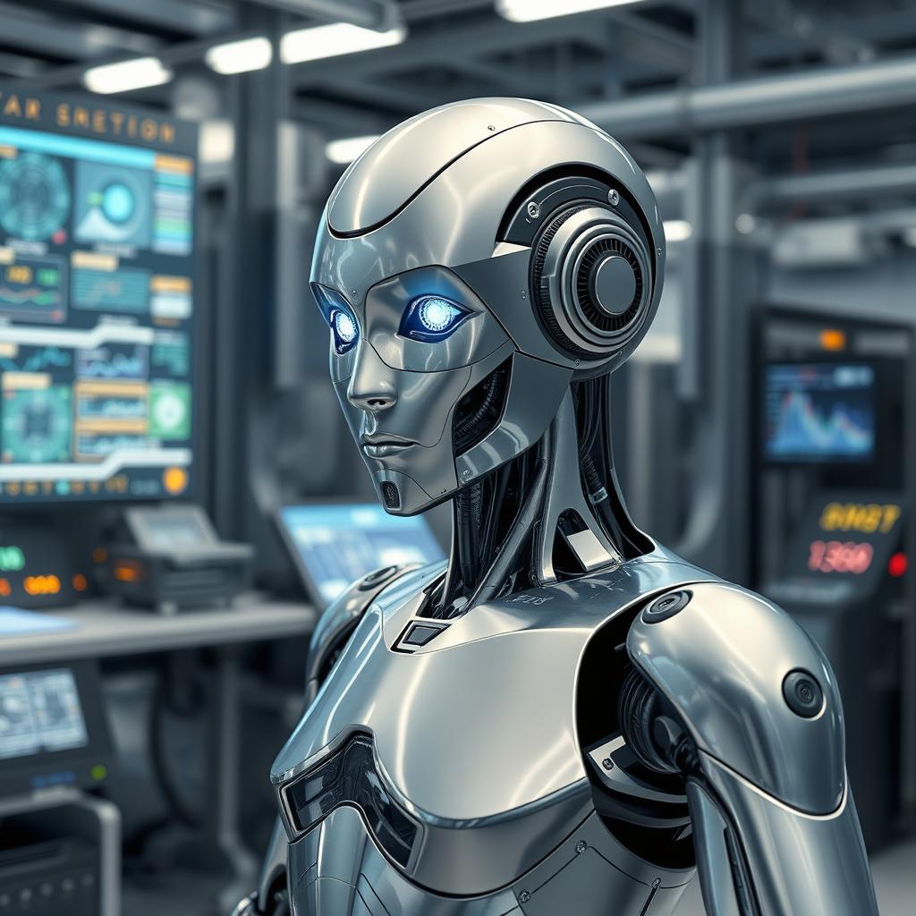 A sophisticated, futuristic AI humanoid robot with sleek metallic skin, glowing blue eyes, and intricate circuitry patterns