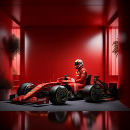 A realistic image of an unidentified F1 driver dressed in a red racing suit, seated in an inviting environment for a therapy session, engaged in a conversation with a therapist or meditating.