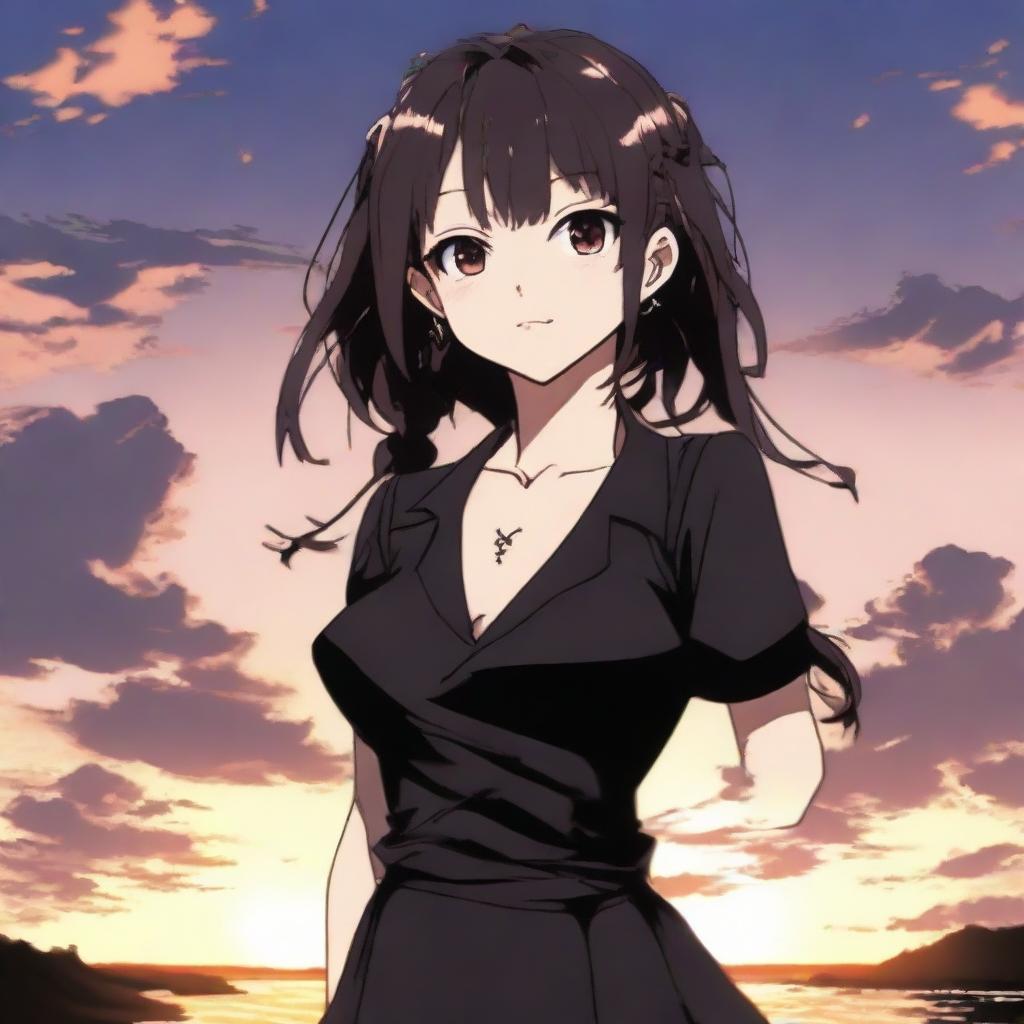 Anime-styled girl from Jujutsu Kaisen with long dark brown hair, hazel eyes, wearing a black mini dress. She is standing and smiling against a breathtaking sunset.