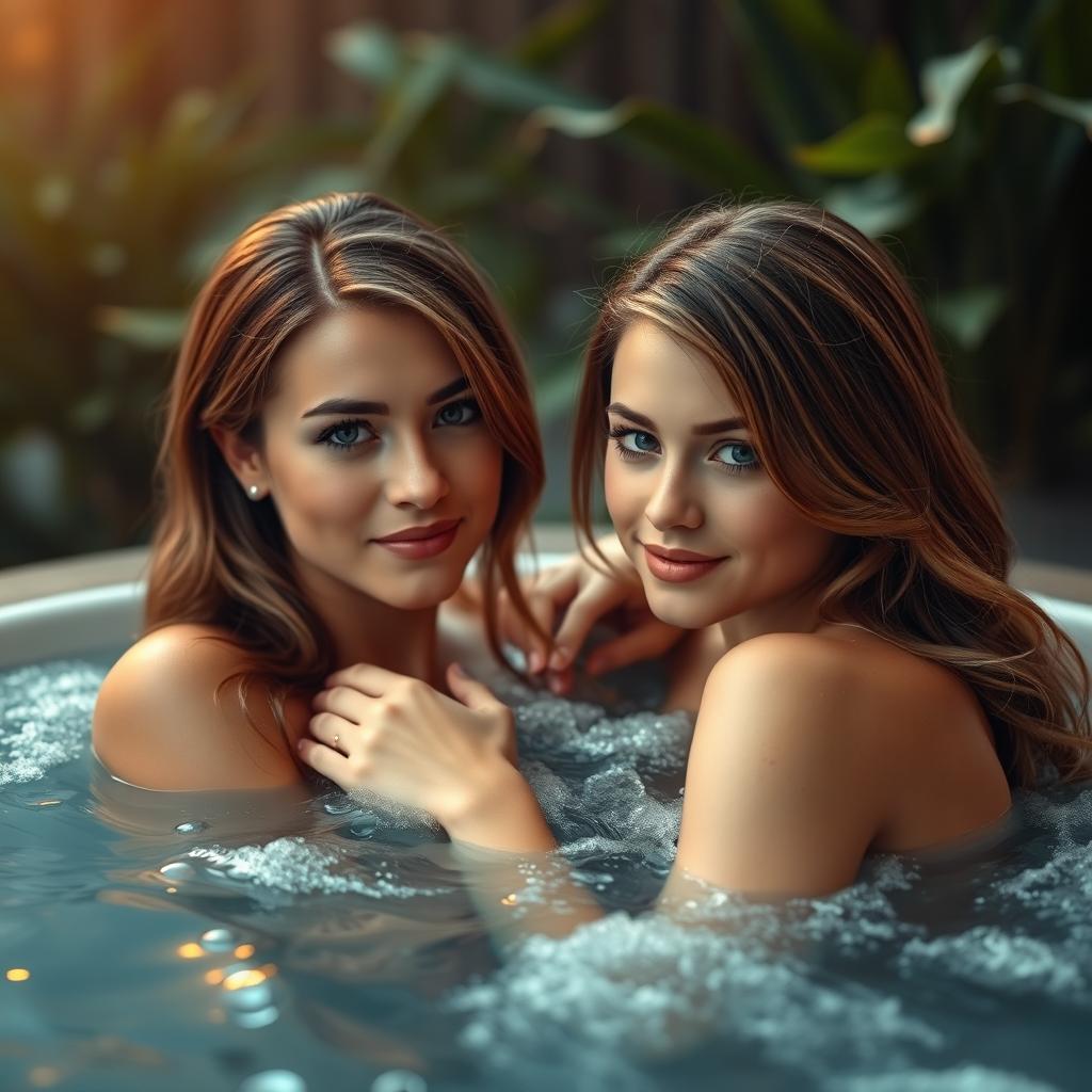 Two young women with light brown hair facing the camera in a hot tub, displaying intimacy and connection as they gently touch each other's arms and shoulders, their expressions showcasing a look of desire and affection