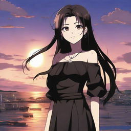 Anime-styled girl from Jujutsu Kaisen with long dark brown hair, hazel eyes, wearing a black mini dress. She is standing and smiling against a breathtaking sunset.