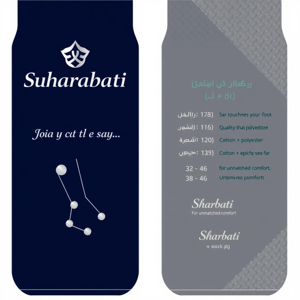 A men's sock tag design (6cm x 18cm) featuring a navy background with shiny silver edges