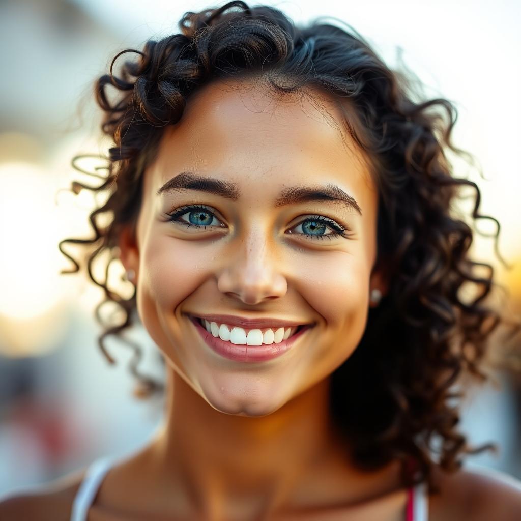 A close-up portrait of a person with a warm smile and bright eyes, set against a blurred, soft-focus background that creates a dreamy atmosphere