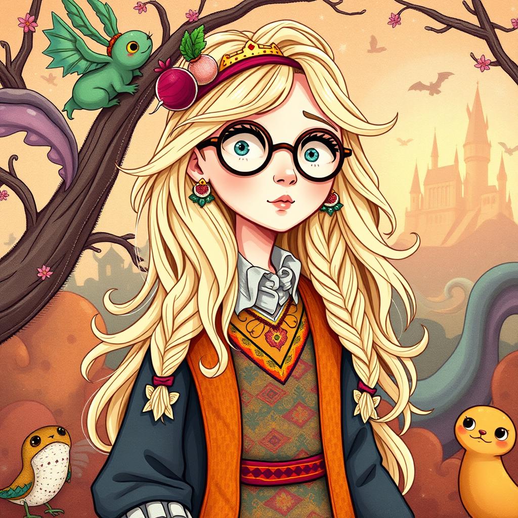 A whimsical illustration of Luna Lovegood from Harry Potter, depicted in her iconic outfit featuring a colorful, eccentric mix of clothing