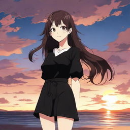 Anime-styled girl from Jujutsu Kaisen with long dark brown hair, hazel eyes, wearing a black mini dress. She is standing and smiling against a breathtaking sunset.