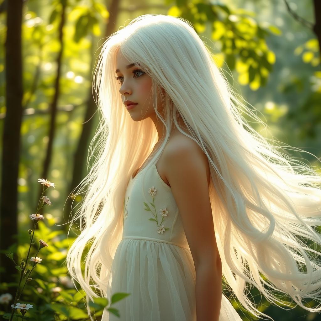 A beautiful girl with long, flowing white hair, standing gracefully in a serene forest setting