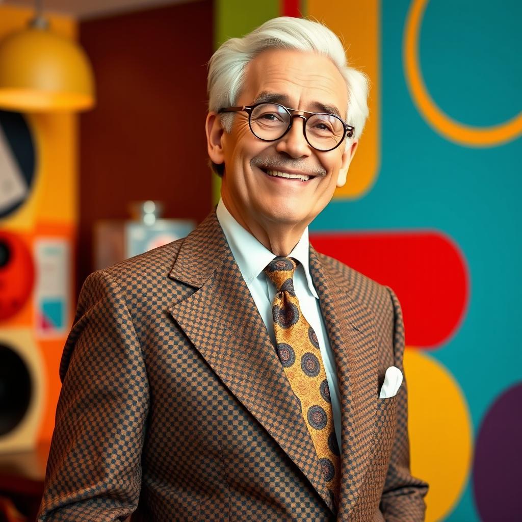 A stylish man in his 60s with a charming smile, wearing a classic 1960s patterned suit with wide lapels, complemented by a quirky tie