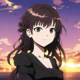 Anime-styled girl from Jujutsu Kaisen with long dark brown hair, hazel eyes, wearing a black mini dress. She is standing and smiling against a breathtaking sunset.