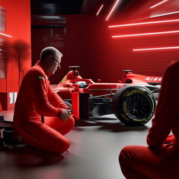 Realistic depiction of a full-faced F1 driver in a red suit participating in a therapy session, situated in a peaceful setting, interacting with a therapist or practising a calming activity.