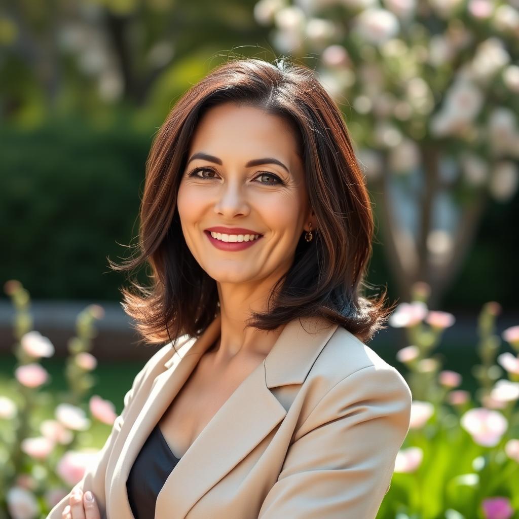 A mature 35-year-old woman with an elegant appearance, showcasing confidence and charm