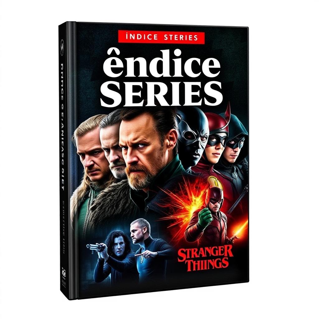 A captivating book cover for a collection of famous live-action series, featuring iconic characters from shows like Game of Thrones, Vikings, La Casa de Papel, Breaking Bad, The Flash, Arrow, and Stranger Things