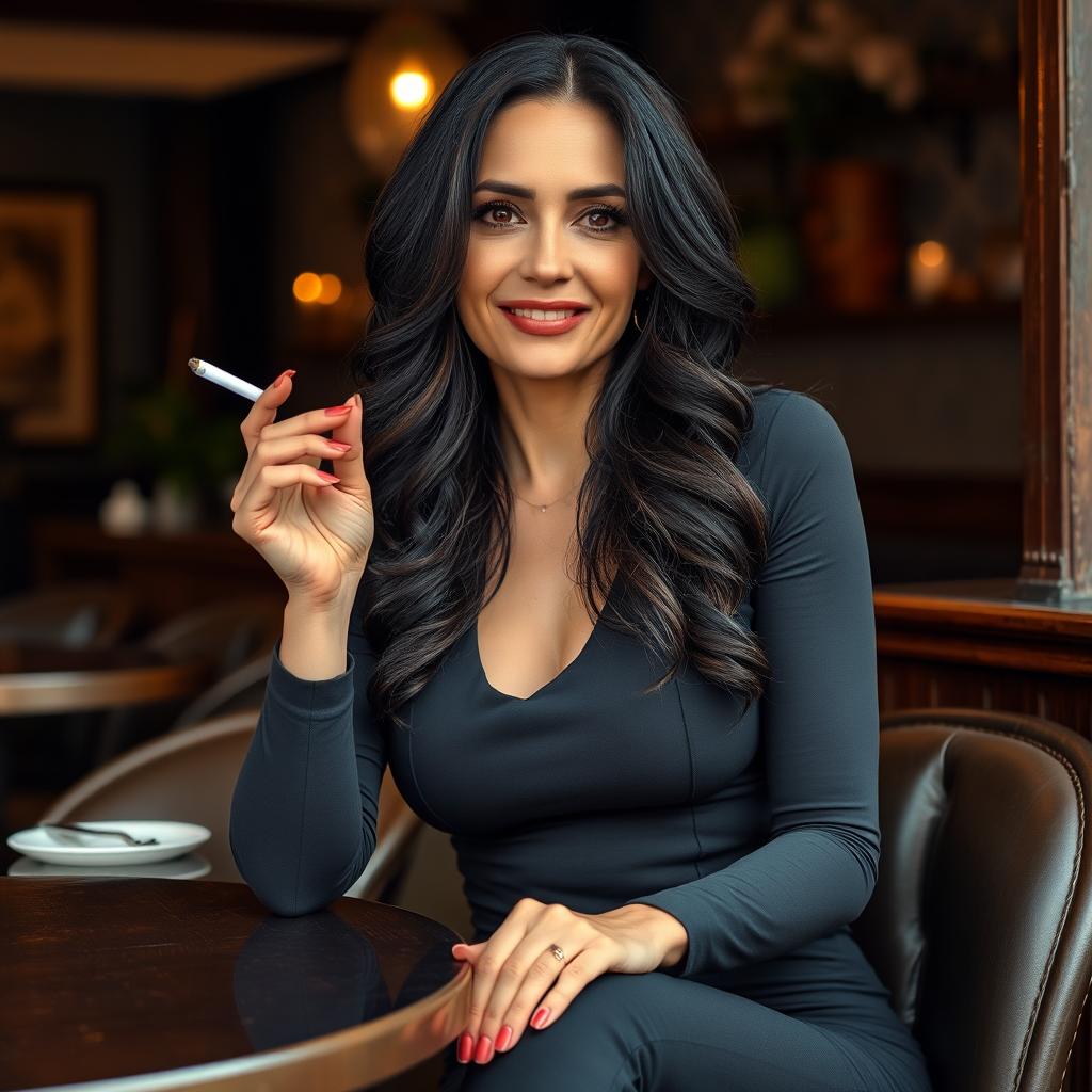 A mature 35-year-old woman with a confident demeanor sitting at a cozy cafe