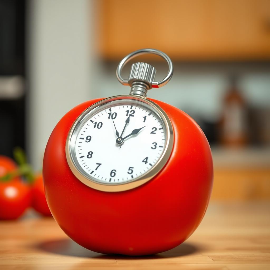 A creative image of a red tomato designed to resemble a stopwatch