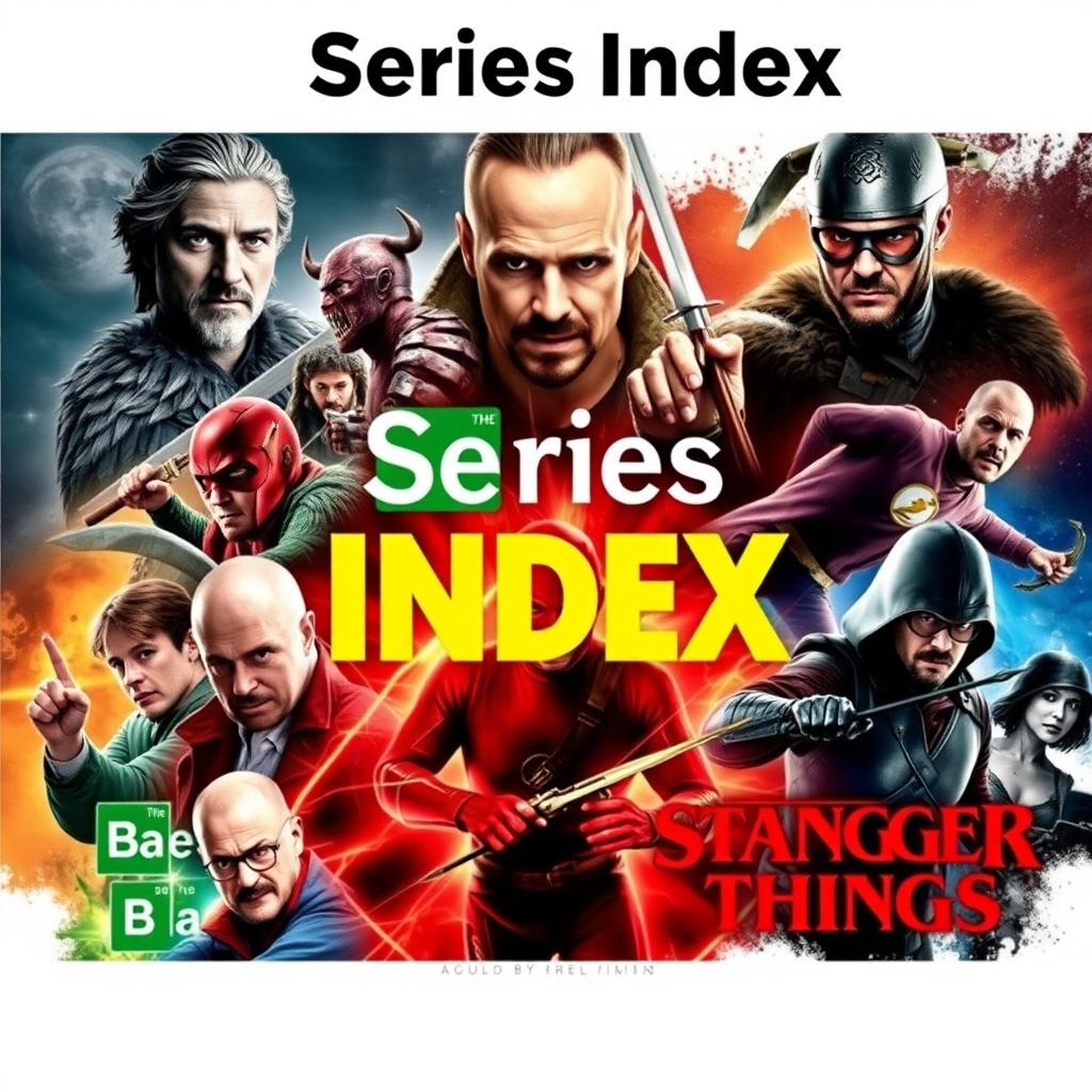 An eye-catching image for a collection of famous live-action series, featuring iconic characters from popular shows such as Game of Thrones, Vikings, La Casa de Papel, Breaking Bad, The Flash, Arrow, and Stranger Things