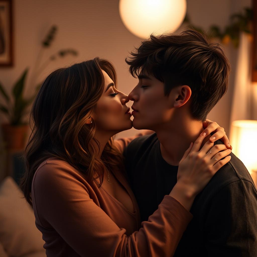 A passionate scene of a 35-year-old mature woman sharing a romantic kiss with an 18-year-old man