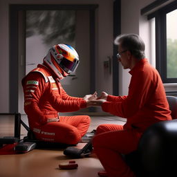 Realistic depiction of a full-faced F1 driver in a red suit participating in a therapy session, situated in a peaceful setting, interacting with a therapist or practising a calming activity.