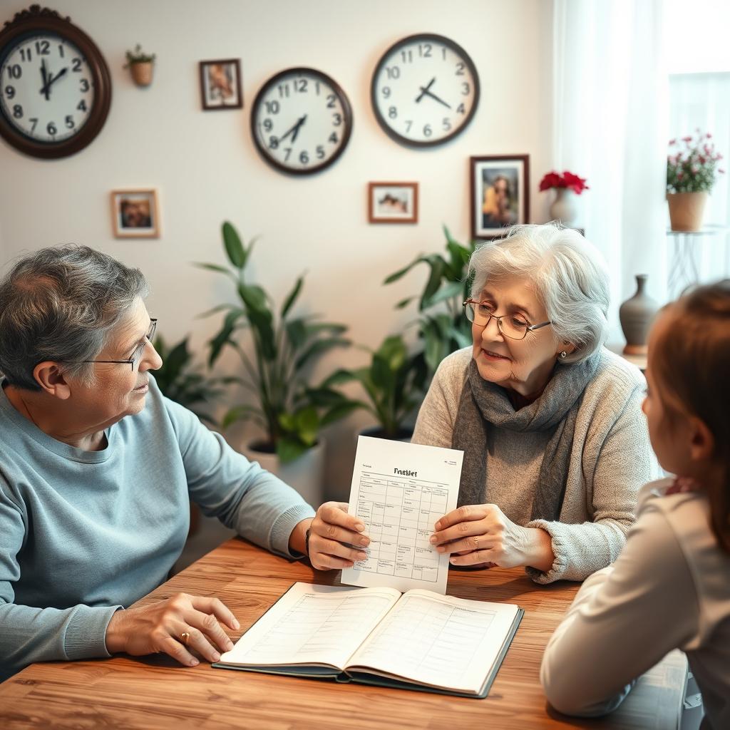 A heartwarming scene of an elderly woman explaining daily schedules to her family around a dining table