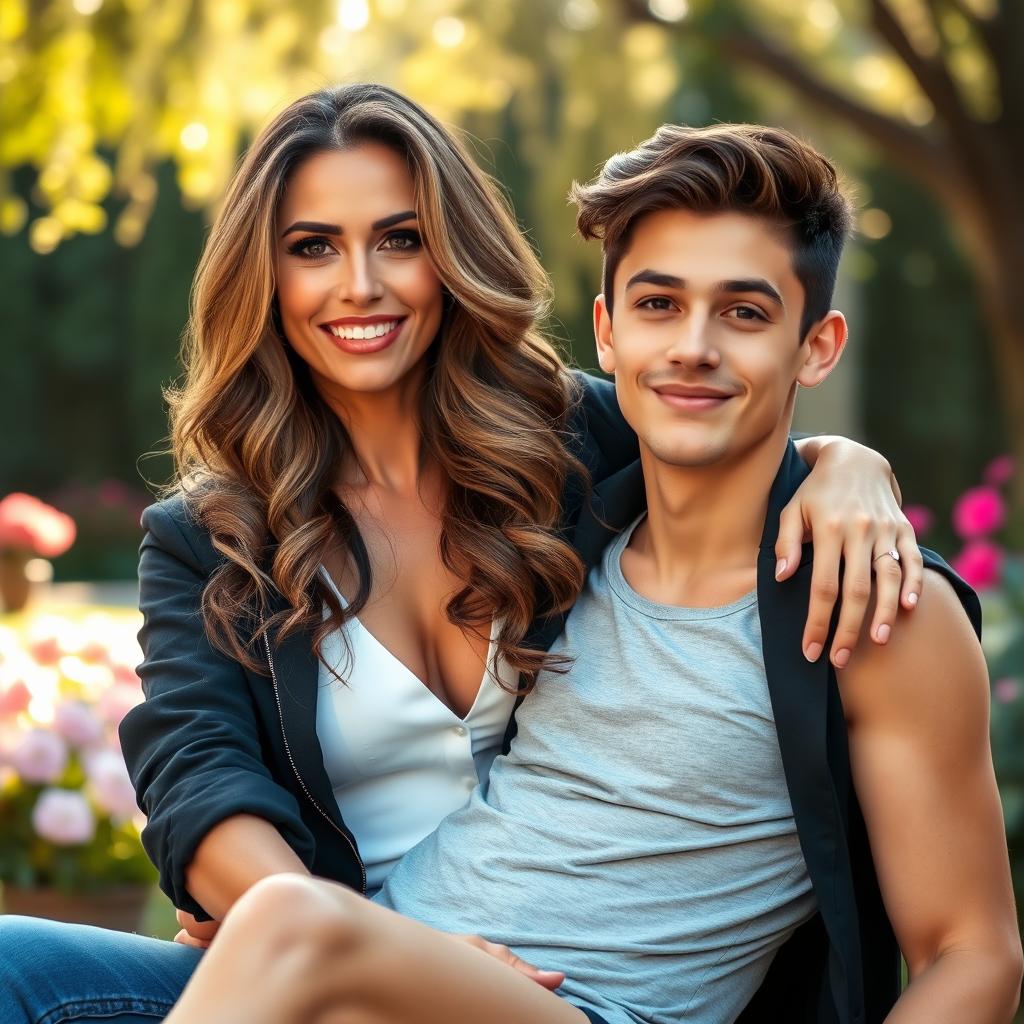 A mature and attractive woman, around 35 years old, exuding confidence and allure, seated on the lap of a charming 18-year-old young man