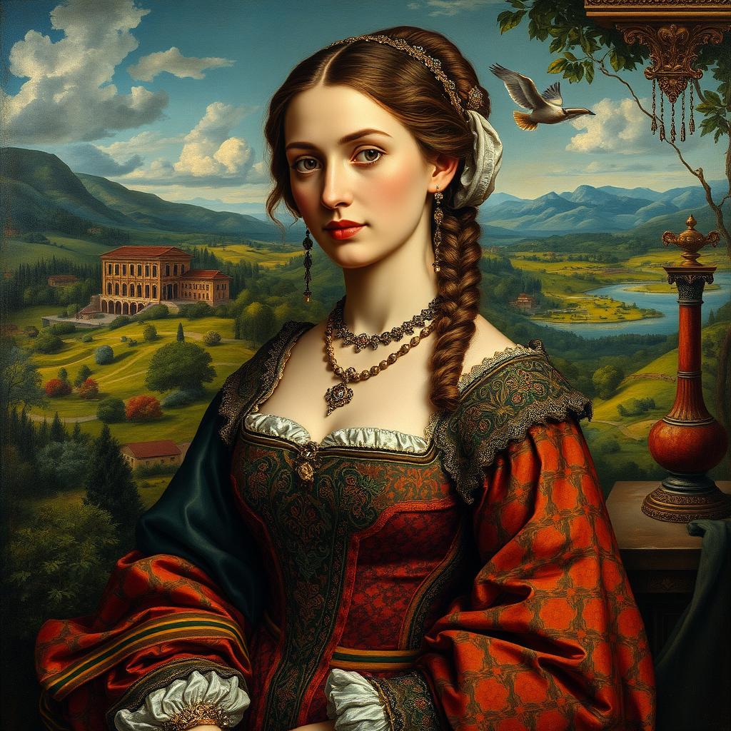 A stunning Renaissance painting that showcases vibrant colors and intricate details, featuring an elegant woman in elaborate period attire with ornate patterns and a serene expression