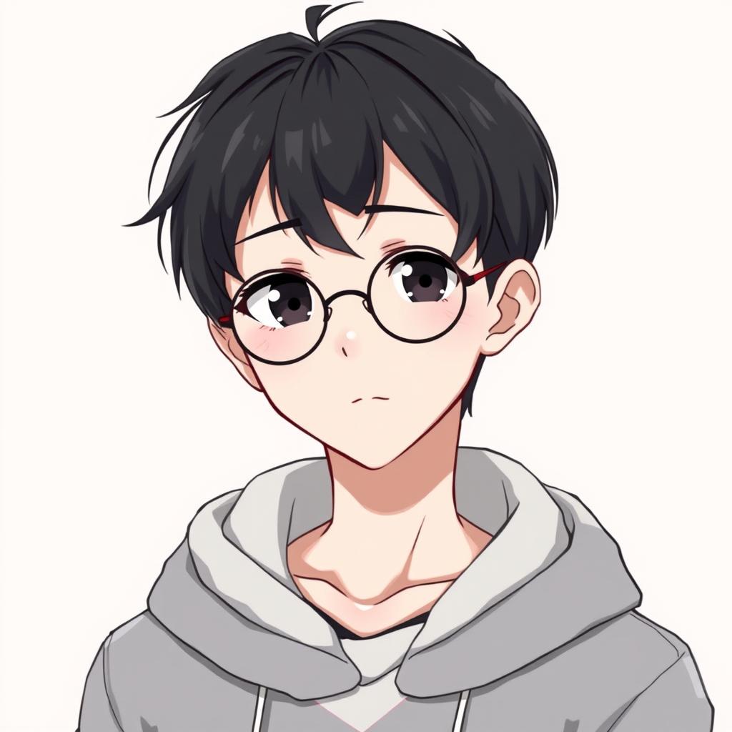 Anime avatar of a black-haired male character with thin round glasses and dark eyes