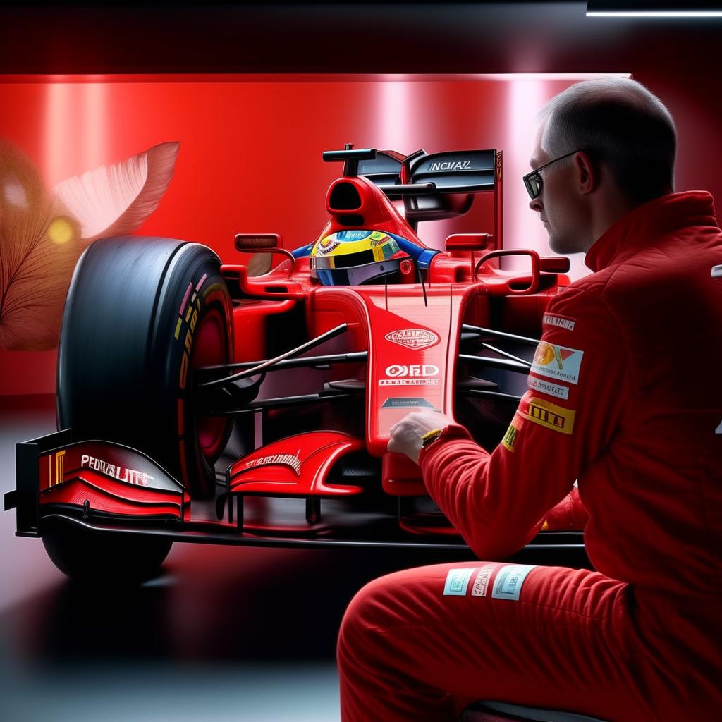 Realistic depiction of a full-faced F1 driver in a red suit participating in a therapy session, situated in a peaceful setting, interacting with a therapist or practising a calming activity.