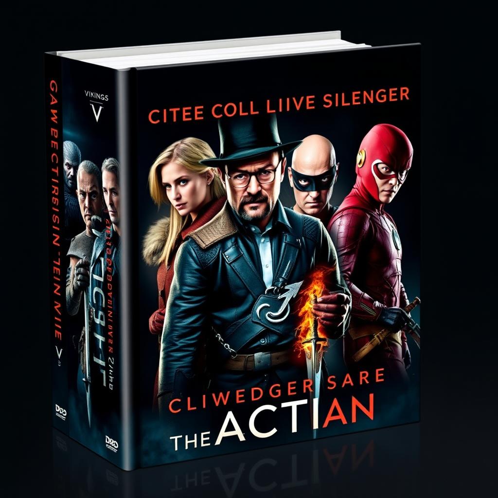A captivating book cover for a collection of famous live-action series, featuring iconic characters from shows like Game of Thrones, Vikings, La Casa de Papel, Breaking Bad, The Flash, Arrow, and Stranger Things