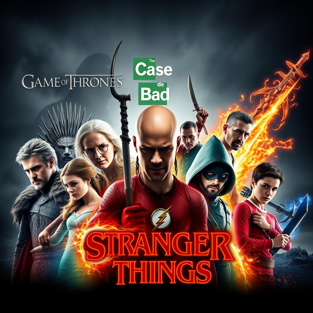 A captivating image featuring iconic characters from famous live-action series, including Game of Thrones, Vikings, La Casa de Papel, Breaking Bad, The Flash, Arrow, and Stranger Things