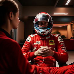 Realistic depiction of a full-faced F1 driver in a red suit participating in a therapy session, situated in a peaceful setting, interacting with a therapist or practising a calming activity.