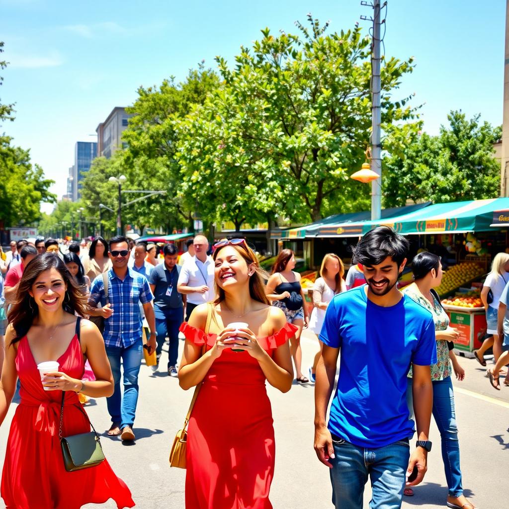 A dynamic urban scene showcasing a vibrant street filled with a diverse group of people enjoying a sunny day