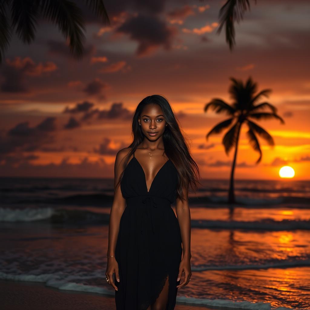 A beautiful brown girl standing on a beach during sunset, surrounded by dark aesthetic elements