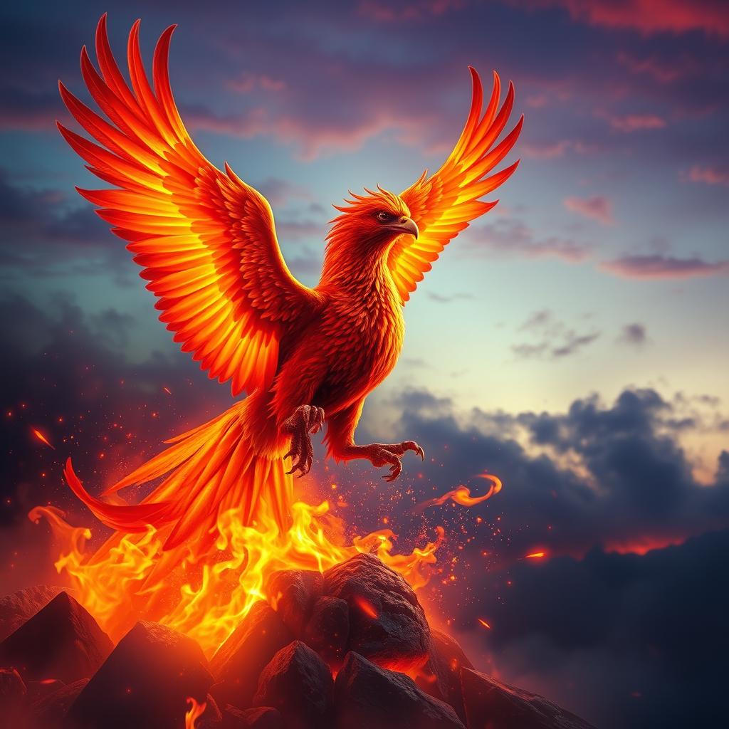 A majestic phoenix rising from vibrant flames, showcasing its stunning fiery plumage in shades of red, orange, and gold