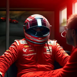 Make a detailed, realistic image of a full-face F1 driver in a red racing suit engaged in a therapy session, in a serene and calming setting.