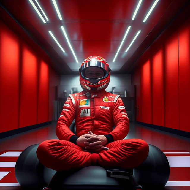 Make a detailed, realistic image of a full-face F1 driver in a red racing suit engaged in a therapy session, in a serene and calming setting.