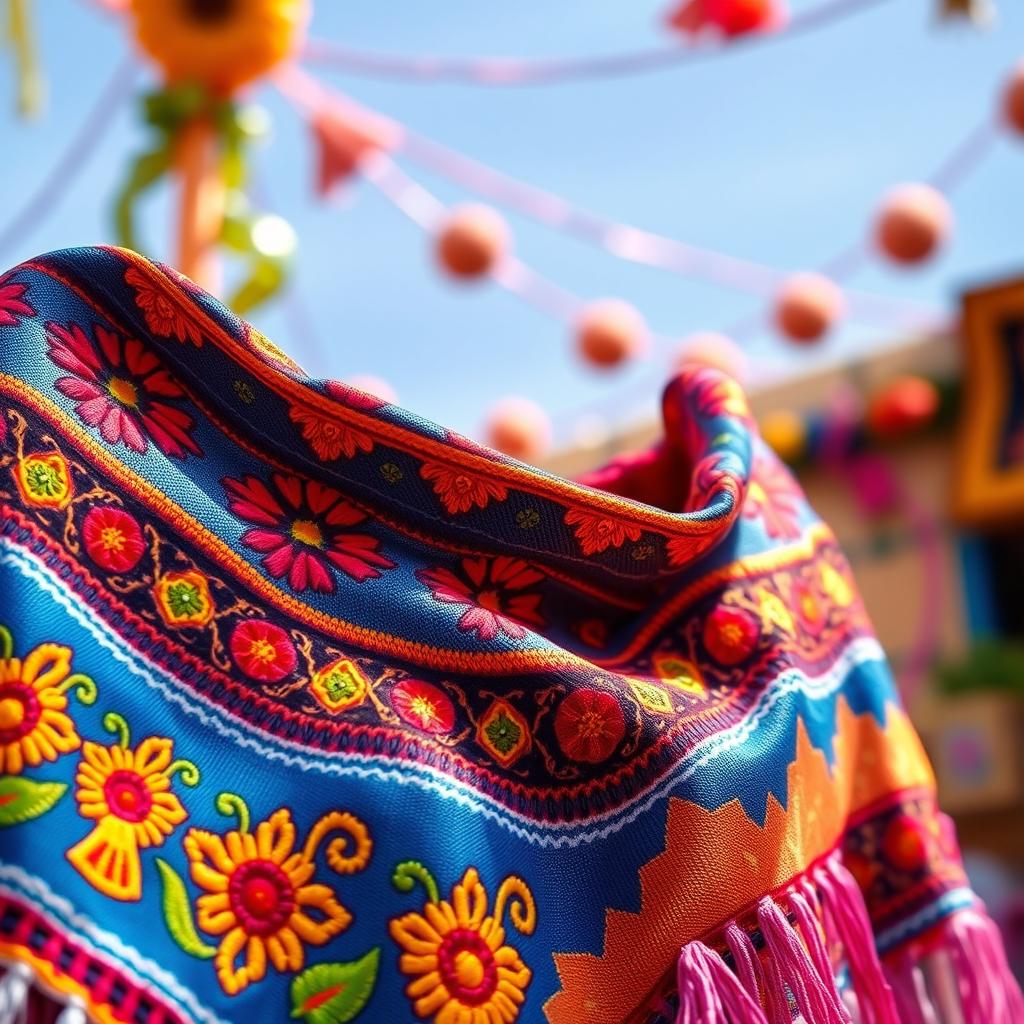 A vibrant and colorful design featuring a traditional Bolera Bolos, an ornate embroidered shawl often worn in Latin American cultures