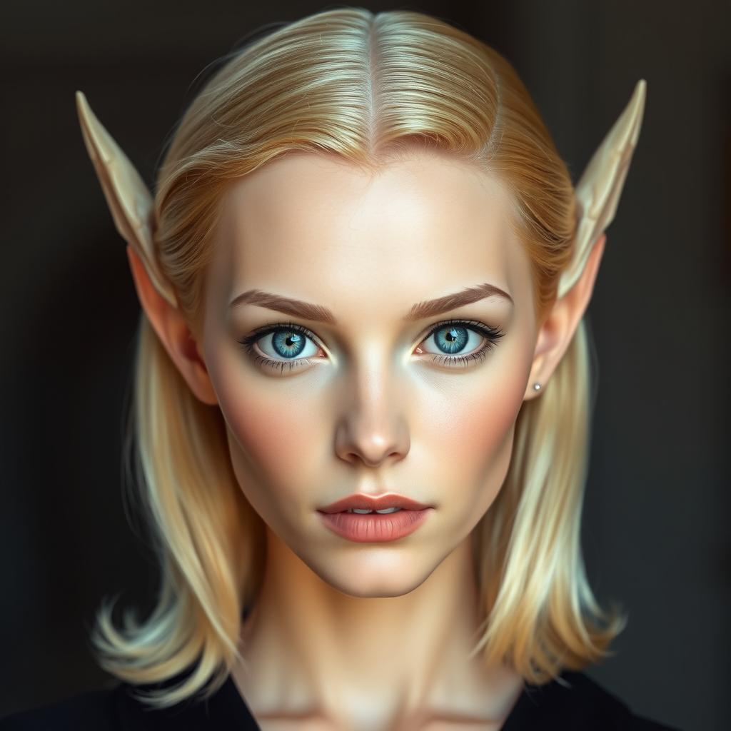 A character with mid-length blonde hair and striking blue eyes, showcasing a unique combination of human features and alien traits