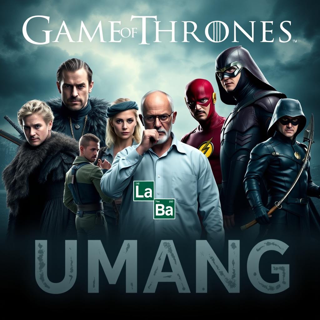 An immersive image featuring iconic characters from famous live-action series such as Game of Thrones, Vikings, La Casa de Papel, Breaking Bad, The Flash, and Arrow