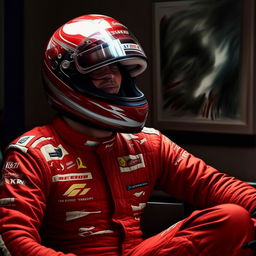 A realistic artwork of an F1 driver, without a helmet, wearing a red racing suit, engaging in a therapy session in a peaceful environment.