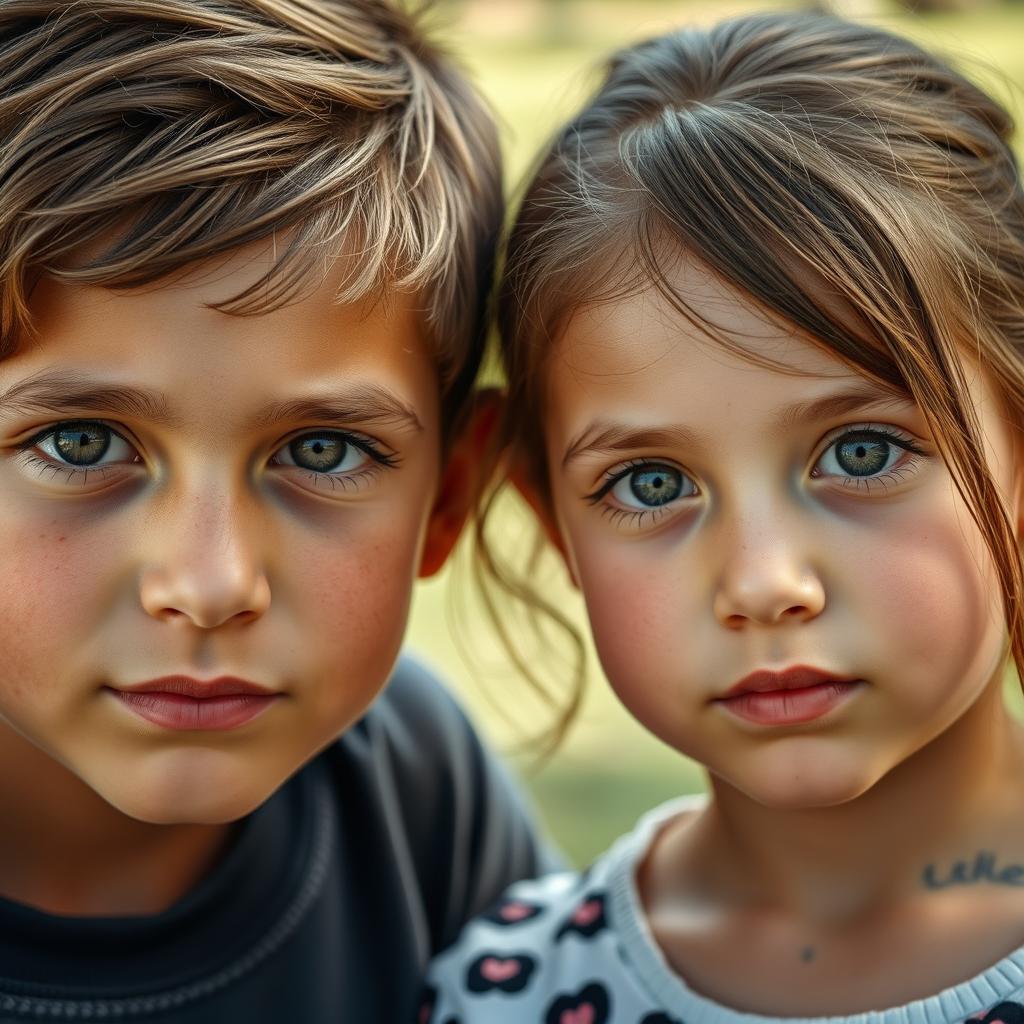 A scenic outdoor photograph depicting a young boy and a girl standing closely next to an adult figure