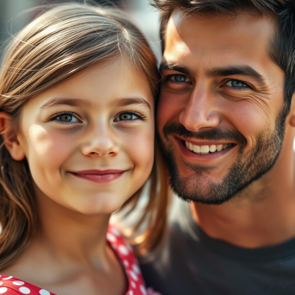 A photo of a young girl and a man standing together, close up on their heads, showcasing their hair, foreheads, faces, eyebrows, eyes, noses, cheeks, mouths, chins, ears, necks, torsos, backs, shoulders