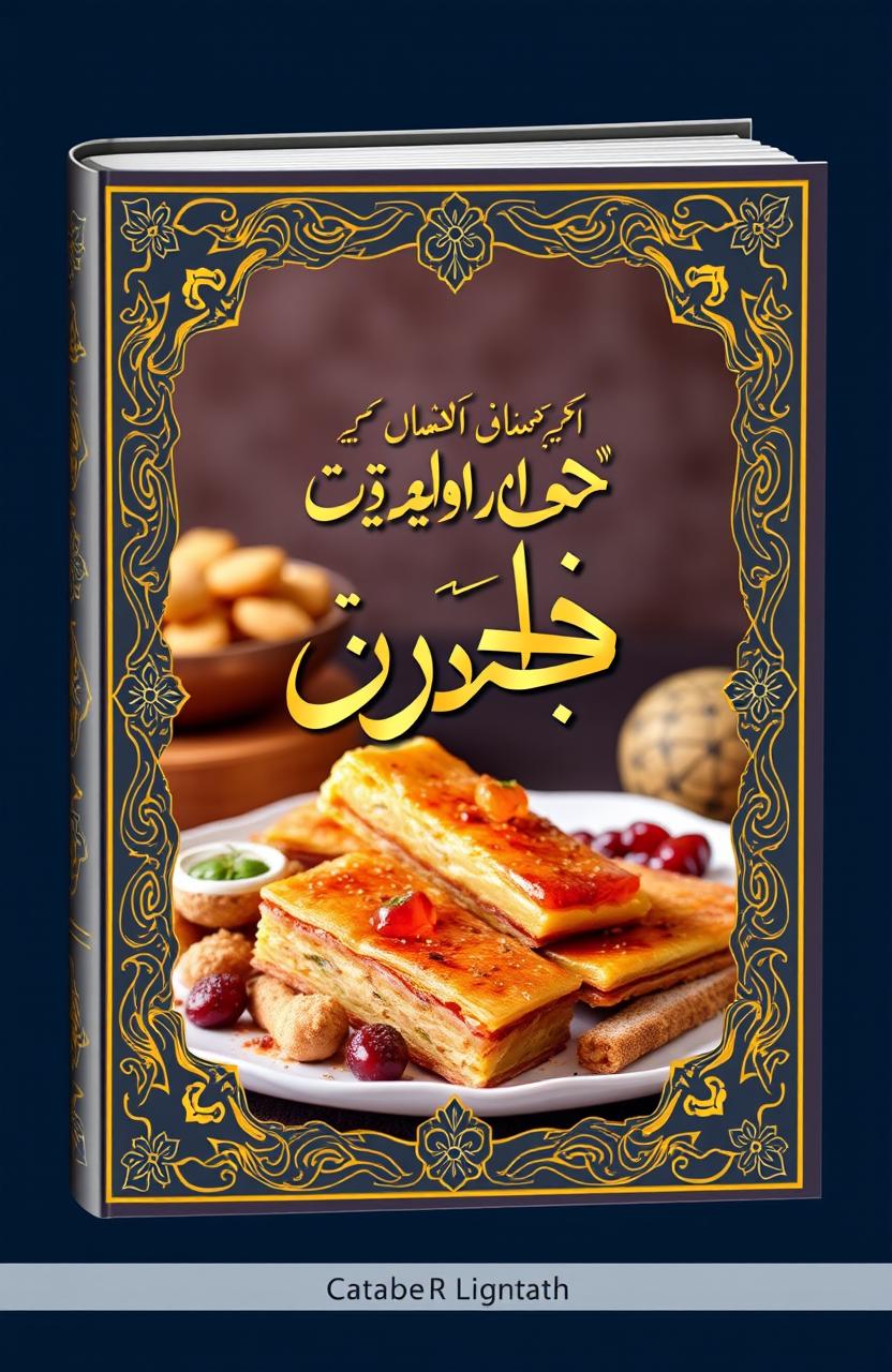 A beautifully designed book cover for an Arabic cookbook titled 'شیرینی عربی' (Arabic Sweets)