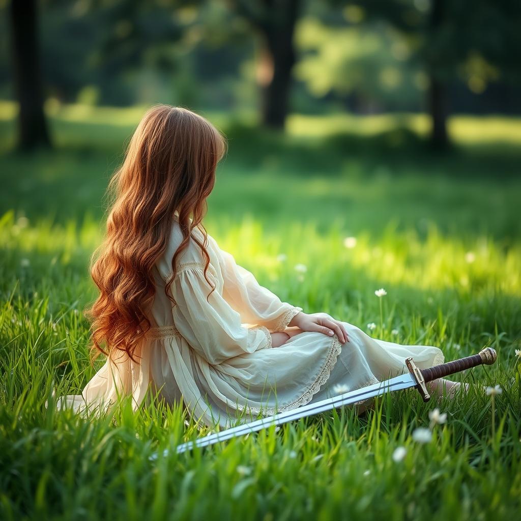 A girl with long, wavy dark copper hair, seated in a lush green field